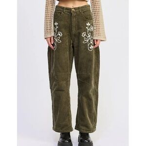 Jacquie The Label Sylvie Embroidered Washed Olive Corduroy Pants